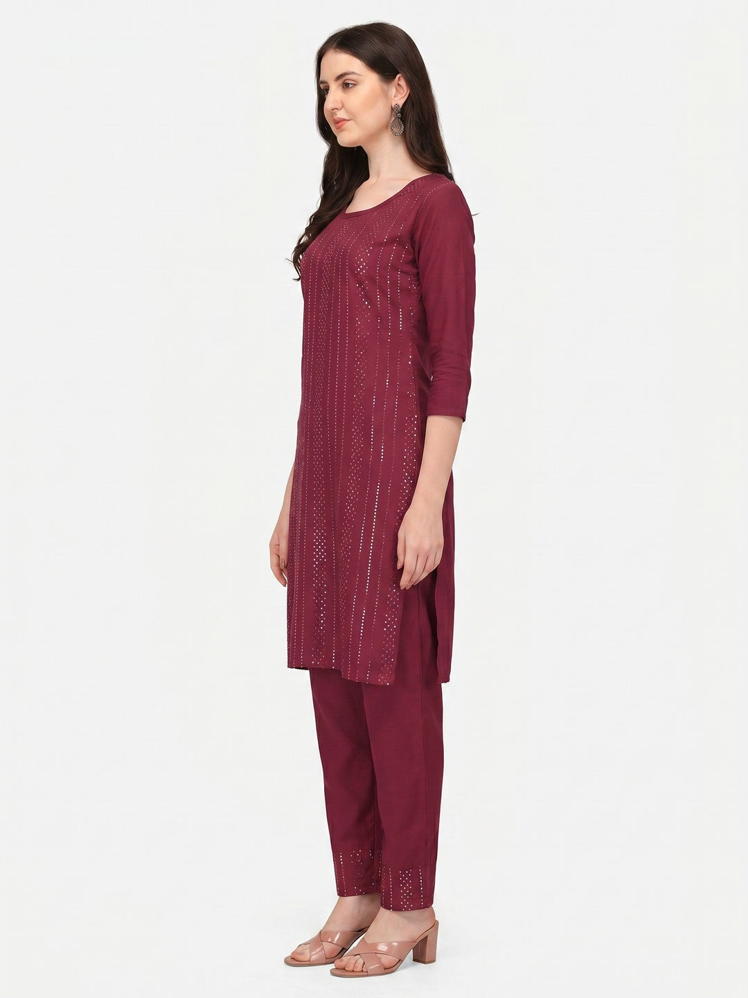 Maroon Sequins Embroidered Rayon Kurti Pant Set - Image 1