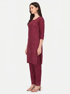 Maroon Sequins Embroidered Rayon Kurti Pant Set - Image 1