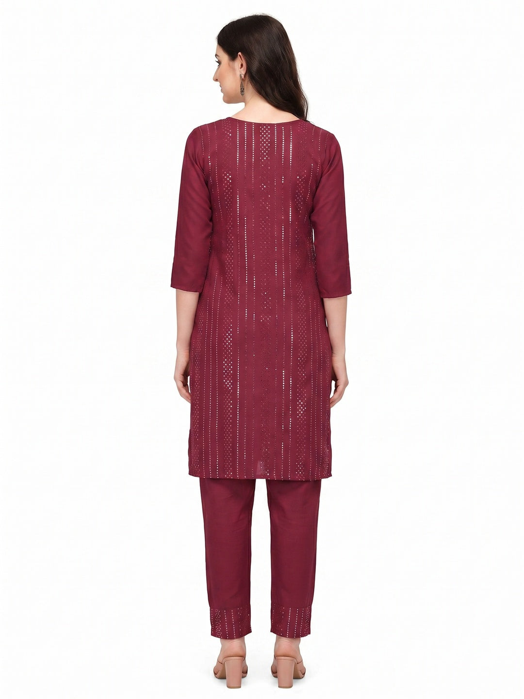 Maroon Sequins Embroidered Rayon Kurti Pant Set - Image 2