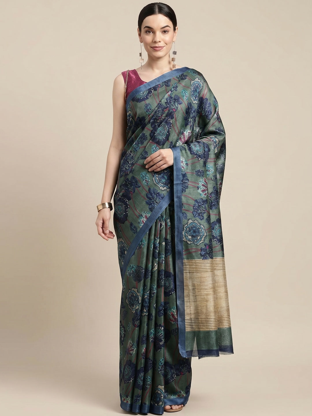 Blue Floral Printed Cotton Silk Saree - Image 1