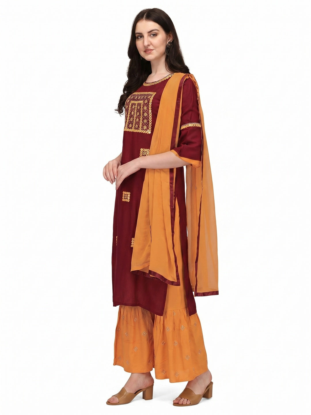 Maroon Embroidered Rayon Palazzo Suit - Image 1