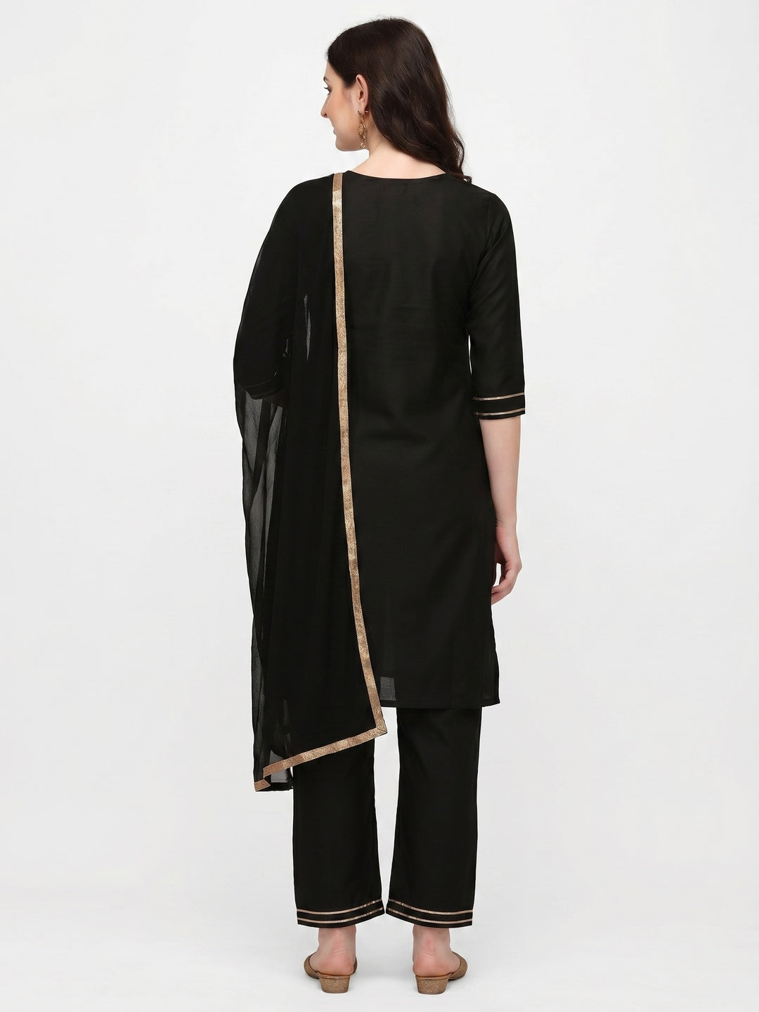 Black Embroidered Cotton Blend Kurti Pant Set With Dupatta - Image 1
