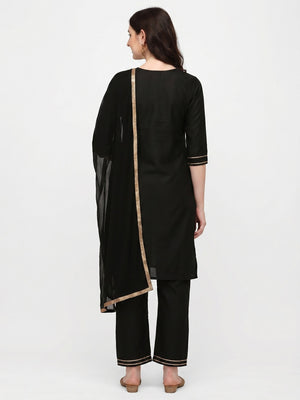 Black Embroidered Cotton Blend Kurti Pant Set With Dupatta - Image 1