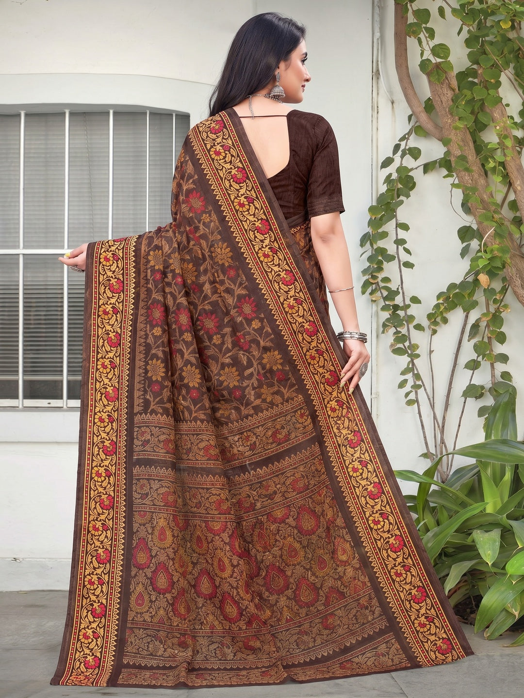 Brown Floral Printed Art Silk Saree - Image 1