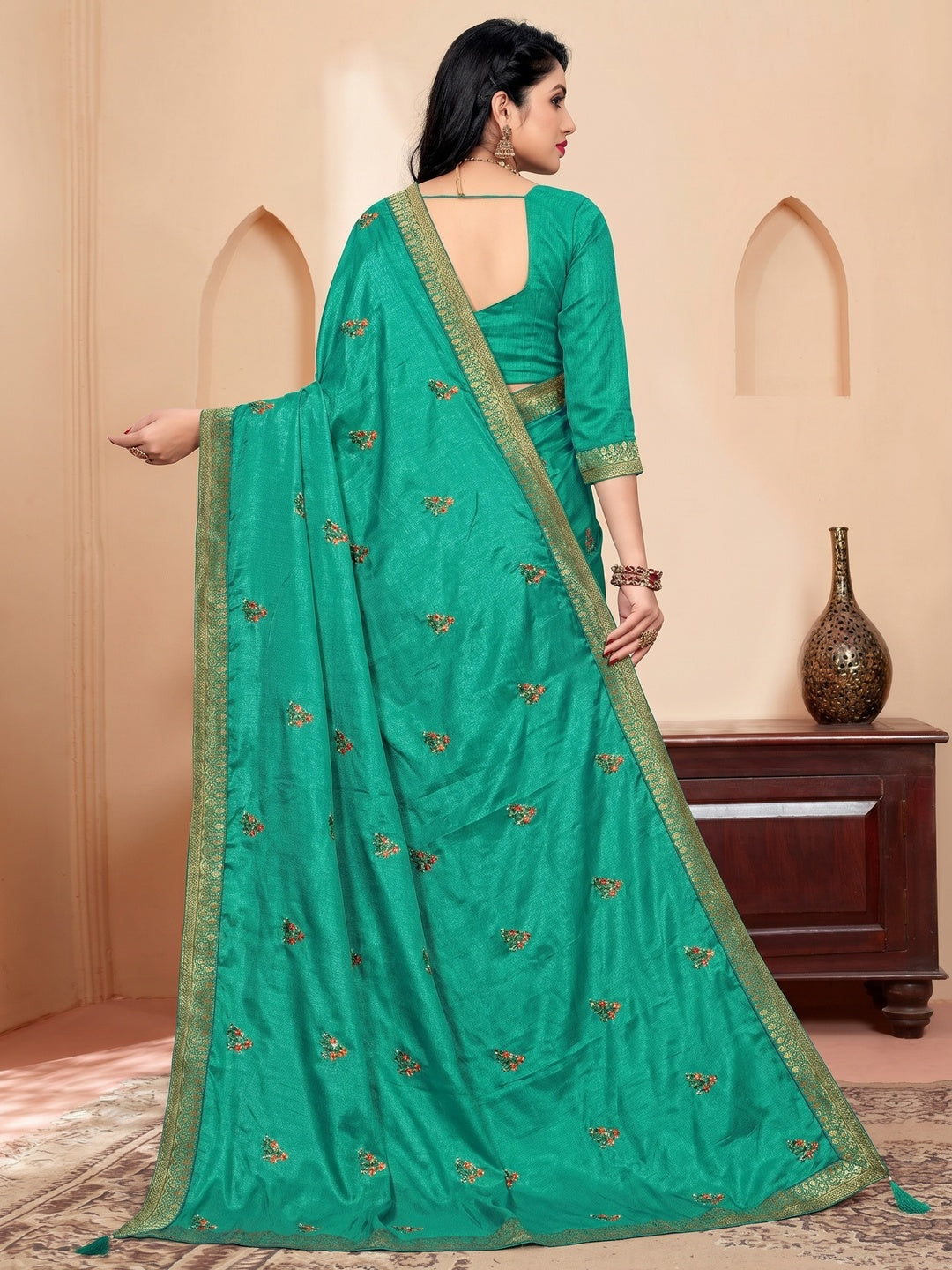 Turquoise Embroidered Vichitra Silk Saree - Image 1