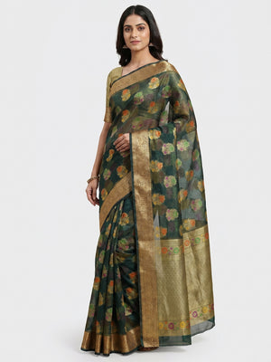 Bottle Green Woven Organza Saree - Image 1
