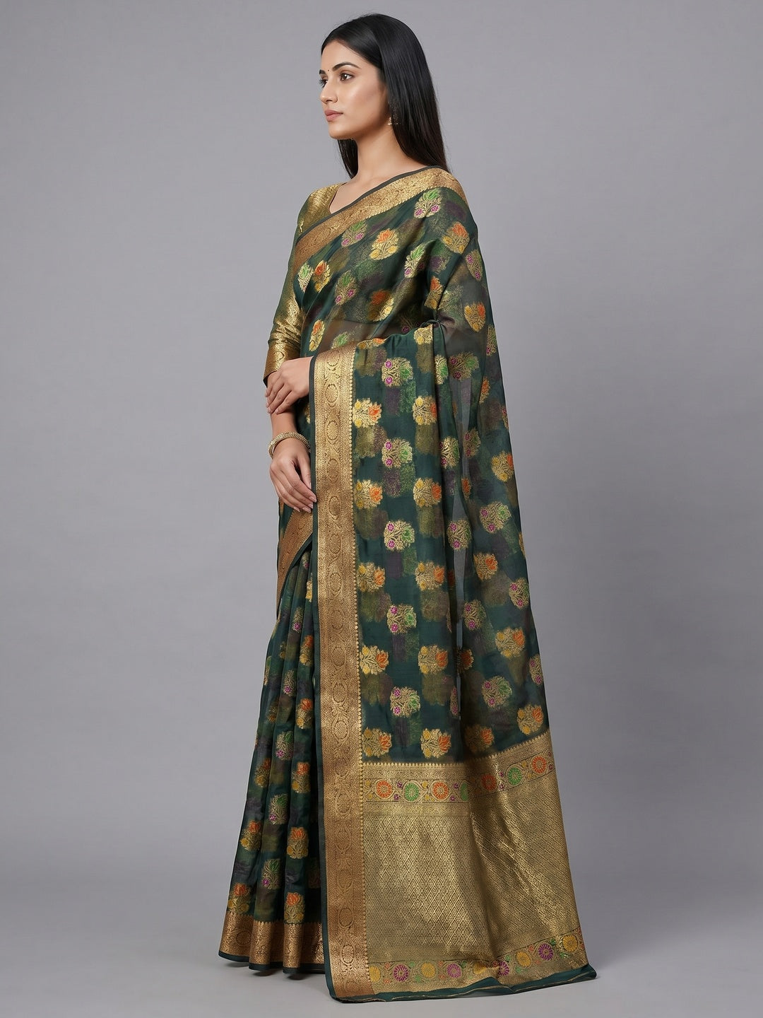 Bottle Green Woven Organza Saree - Image 2