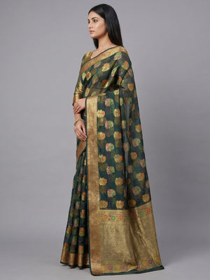 Bottle Green Woven Organza Saree - Image 2