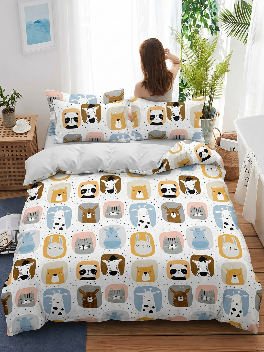 White Animal Printed Kids Bedsheet With Pillow Cover - Image 2