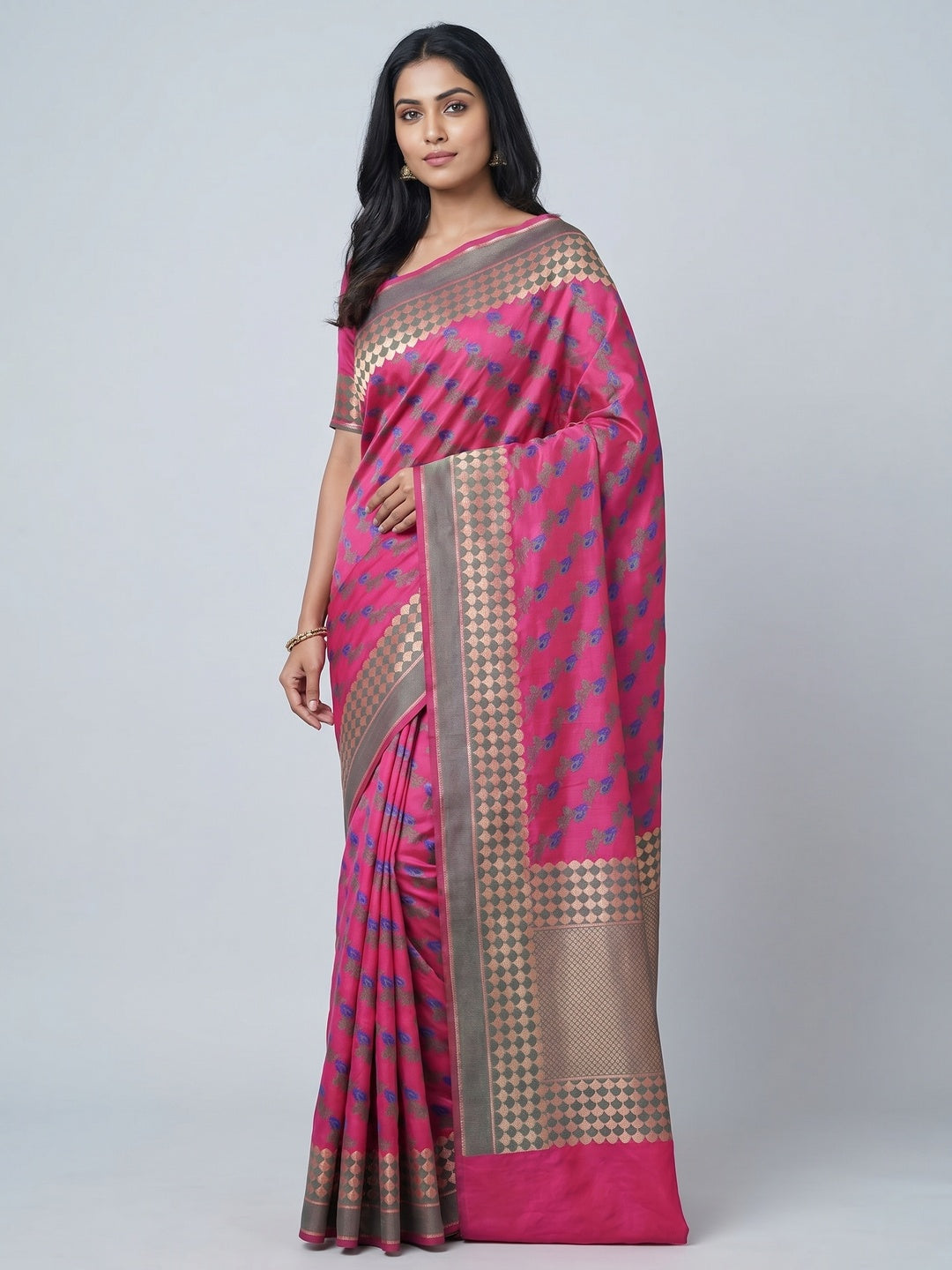 Pink Printed Banarasi Silk Saree - Image 1