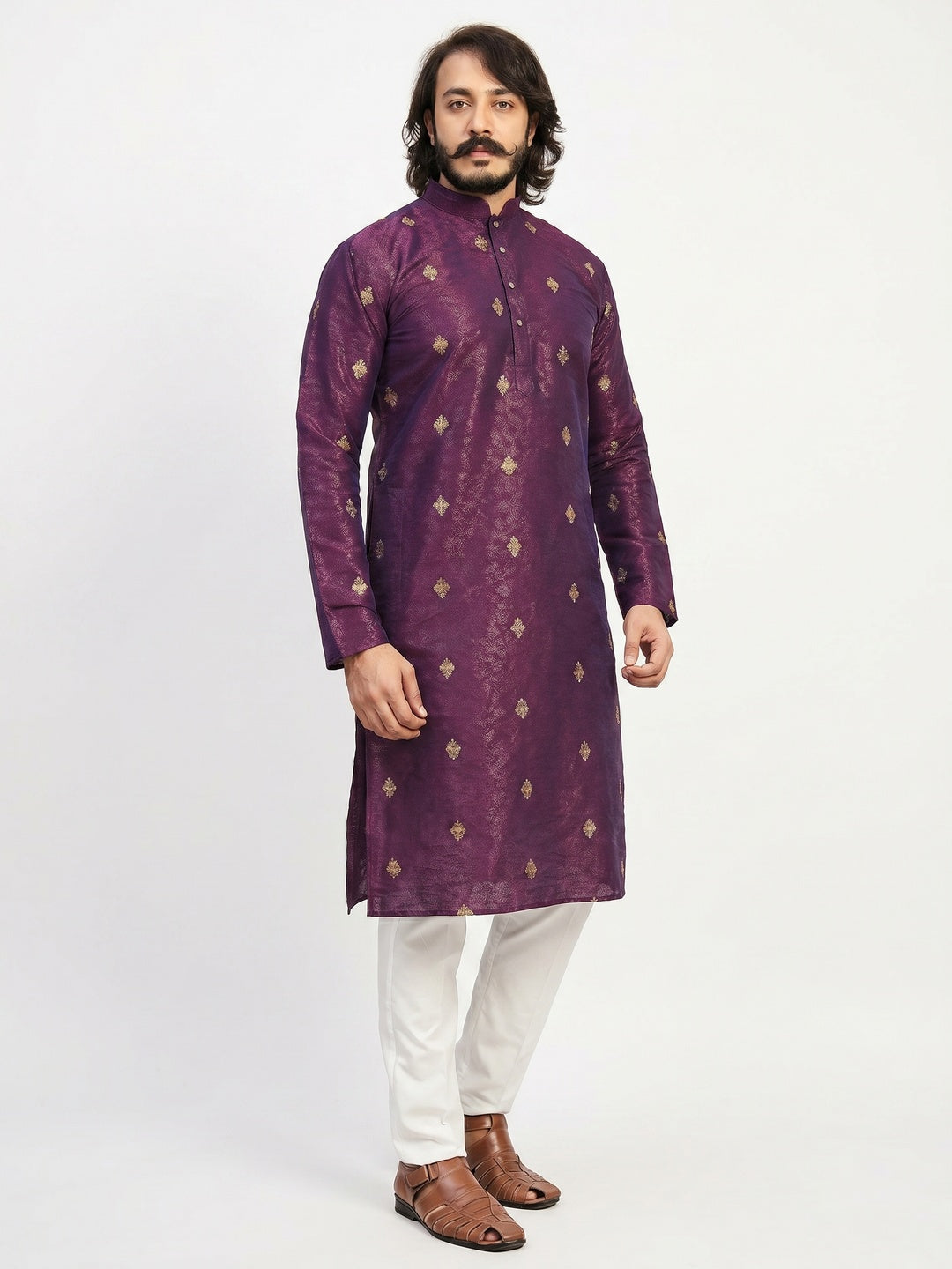 Purple Embroidered Art Silk Men's Kurta Pyjama Set - Image 1