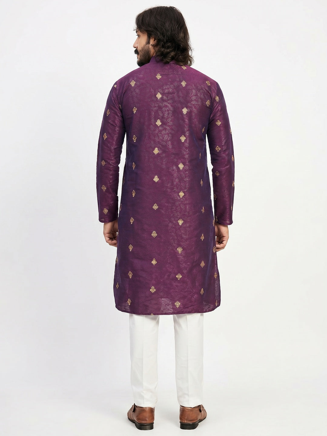 Purple Embroidered Art Silk Men's Kurta Pyjama Set - Image 3