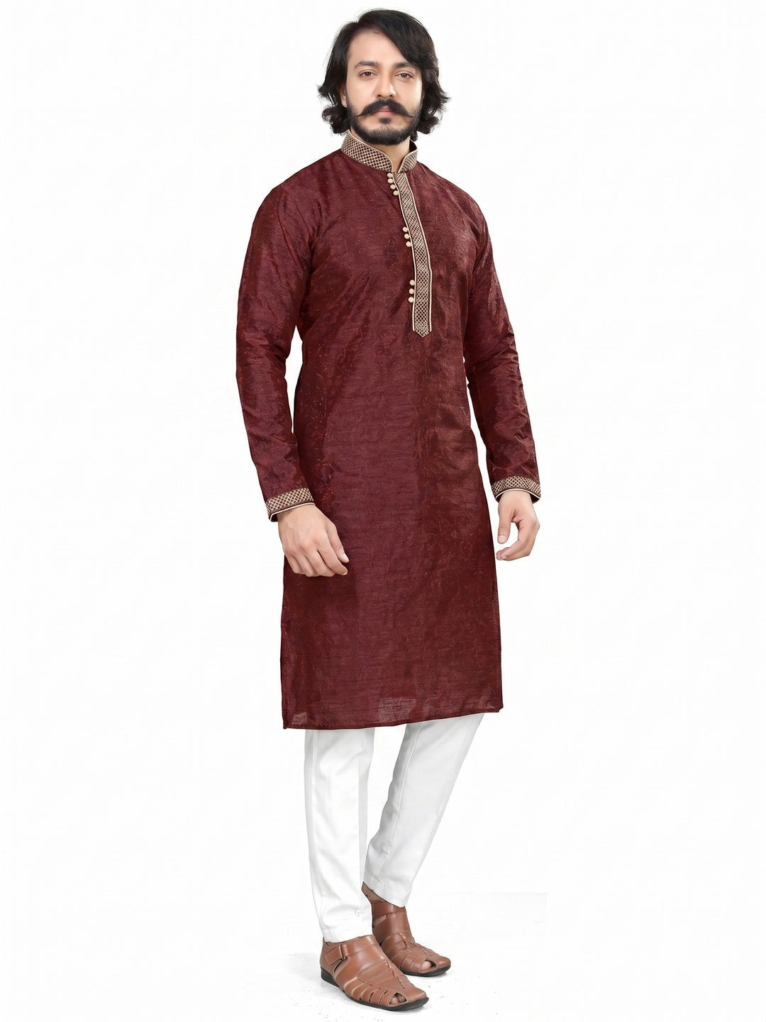 Maroon Woven Jacquard Men's Kurta Pyjama Set - Image 1