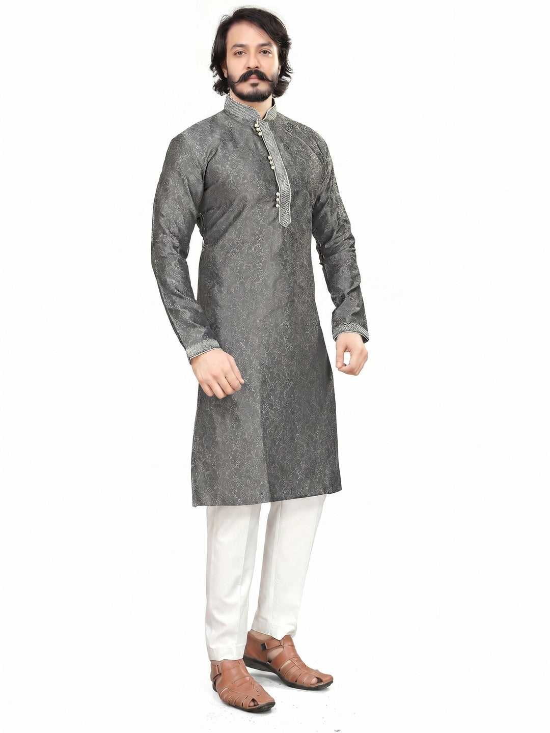Grey Woven Jacquard Men's Kurta Pyjama Set - Image 1