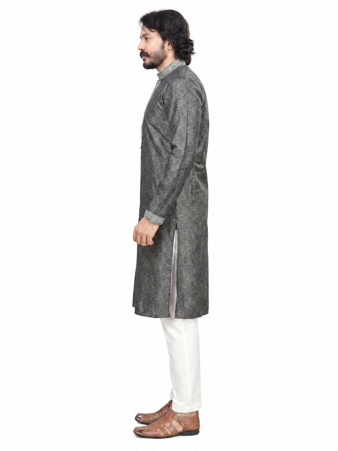 Grey Woven Jacquard Men's Kurta Pyjama Set - Image 3