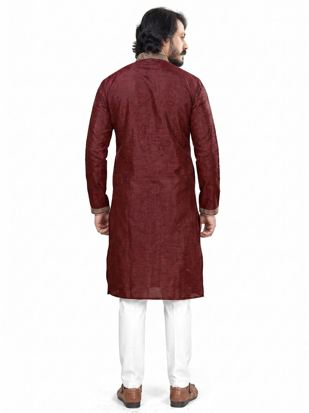 Maroon Woven Jacquard Men's Kurta Pyjama Set - Image 3