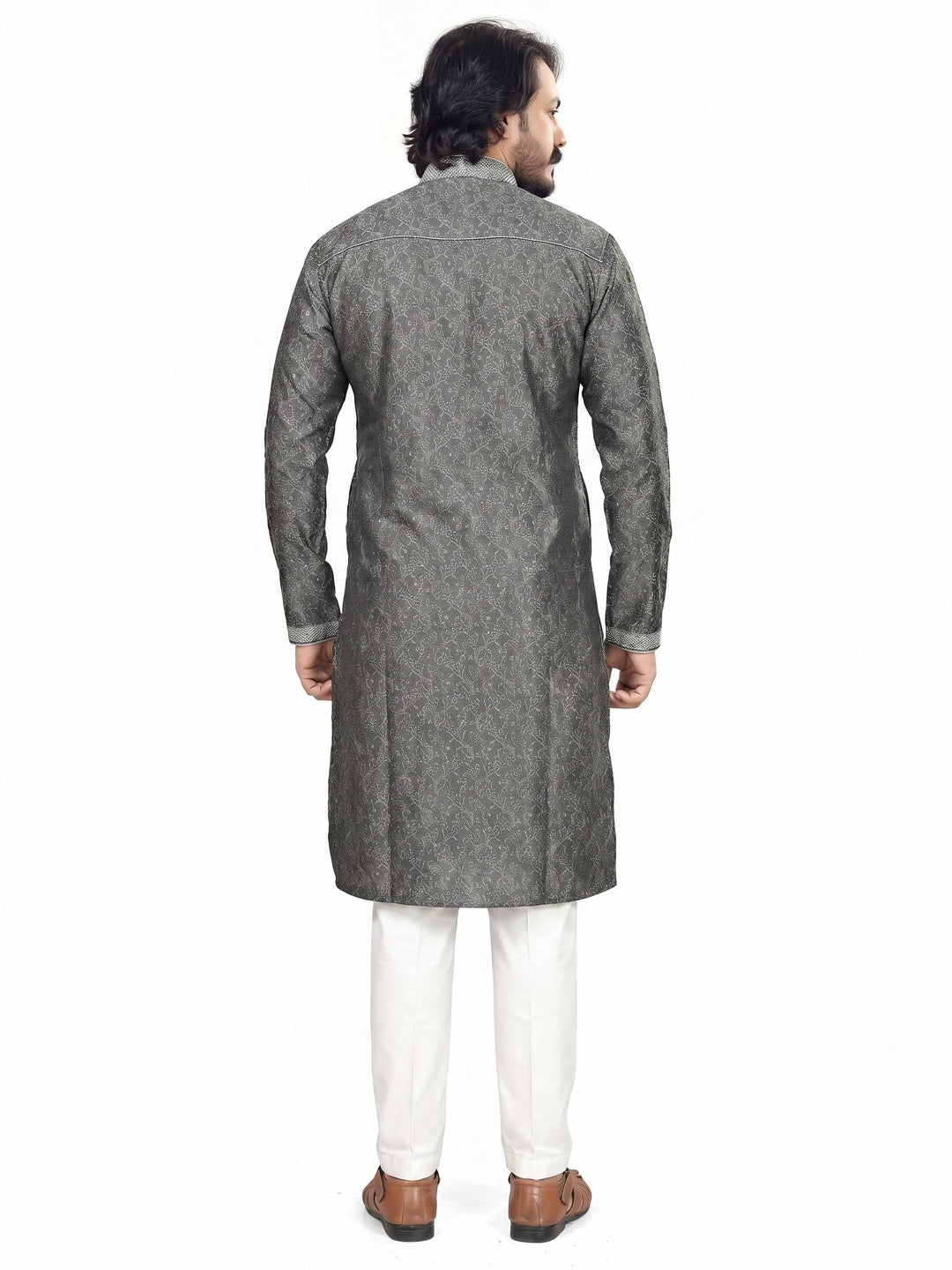 Grey Woven Jacquard Men's Kurta Pyjama Set - Image 2