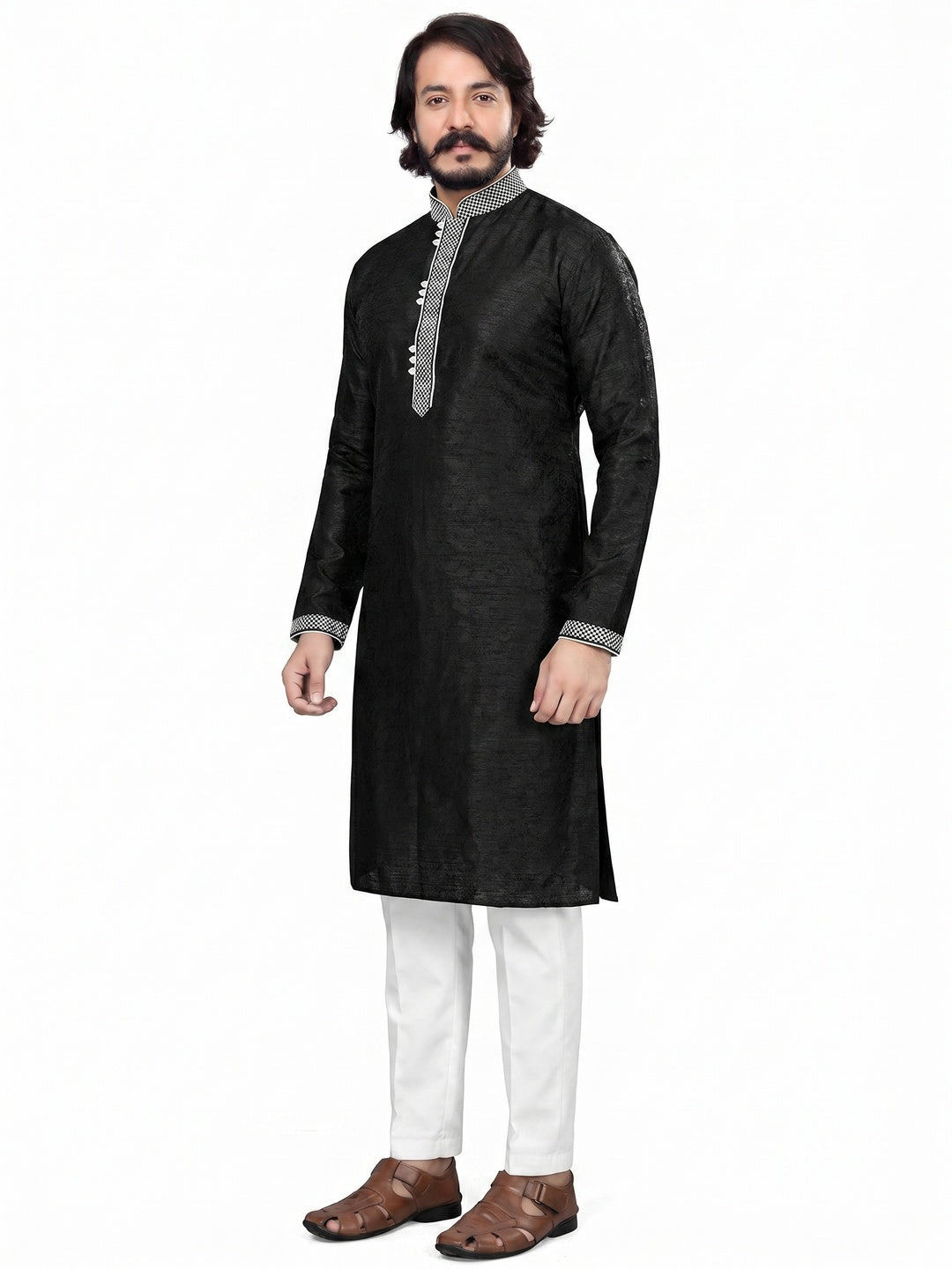 Black Woven Jacquard Men's Kurta Pyjama Set - Image 1