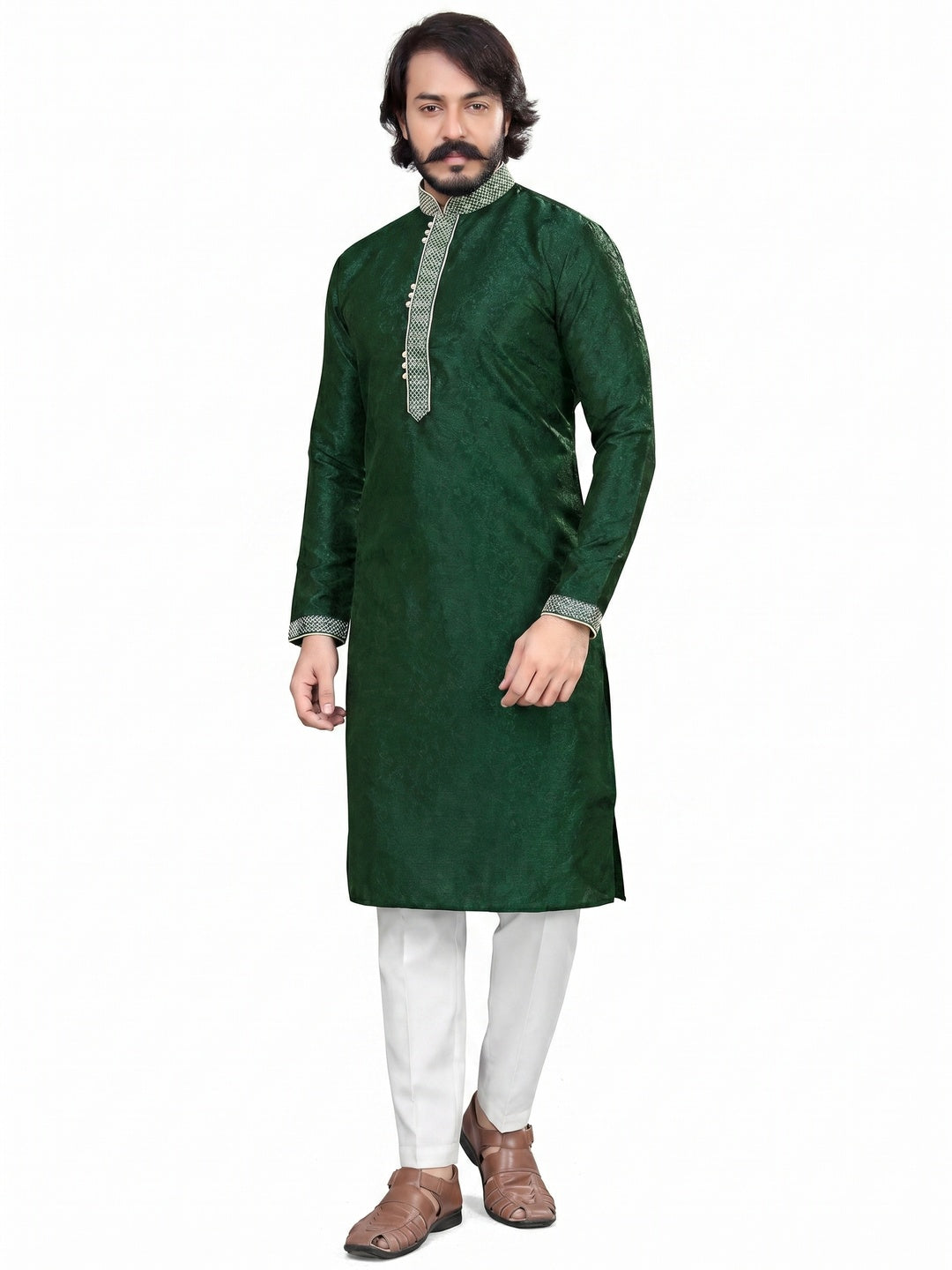 Green Woven Jacquard Men's Kurta Pyjama Set - Image 1