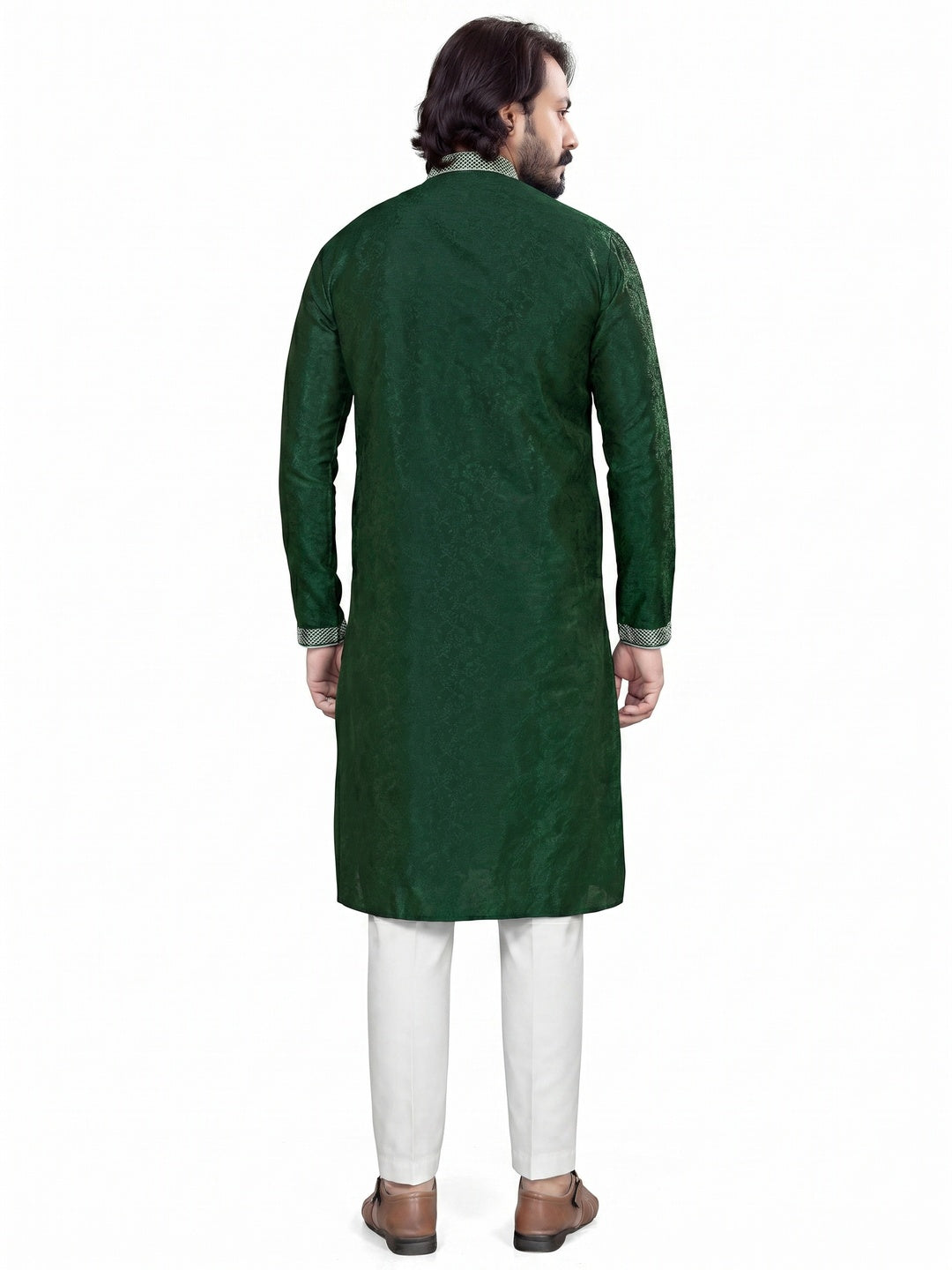 Green Woven Jacquard Men's Kurta Pyjama Set - Image 2
