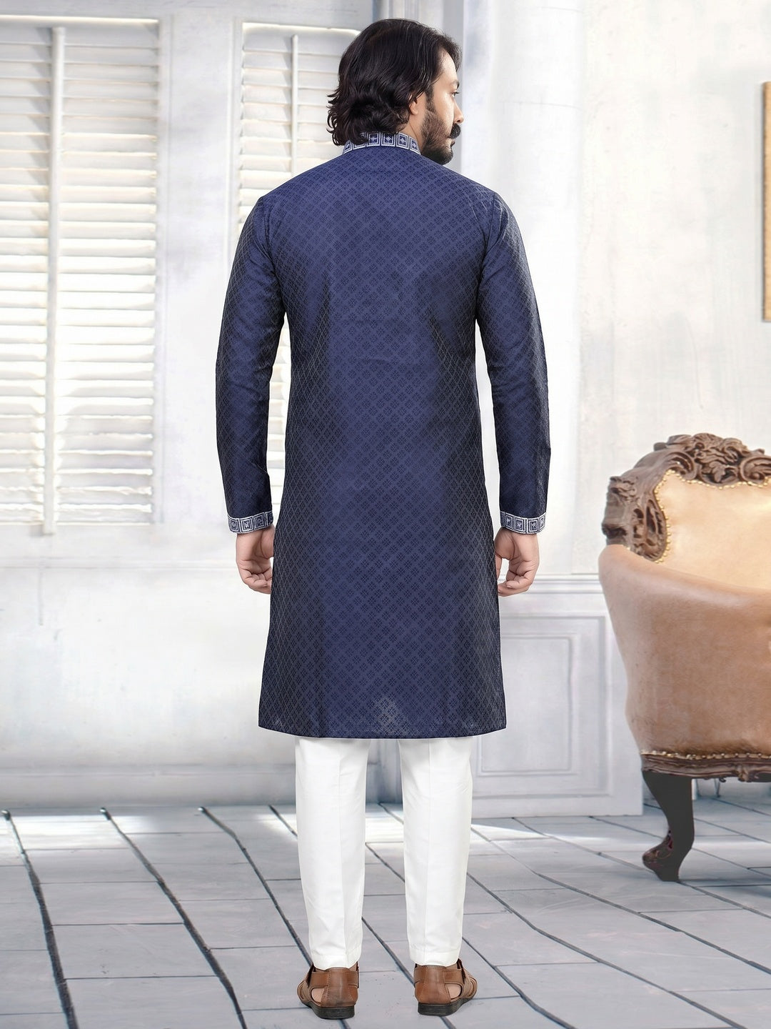 Blue Embroidered Art Silk Mens's Kurta Pyjama Set - Image 1