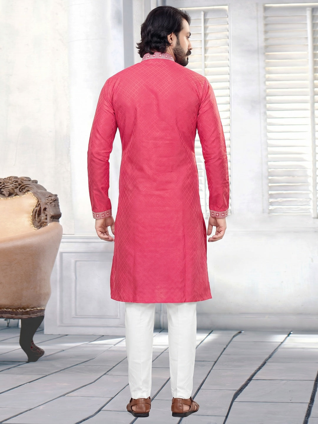 Rani Pink Embroidered Art Silk Mens's Kurta Pyjama Set - Image 1
