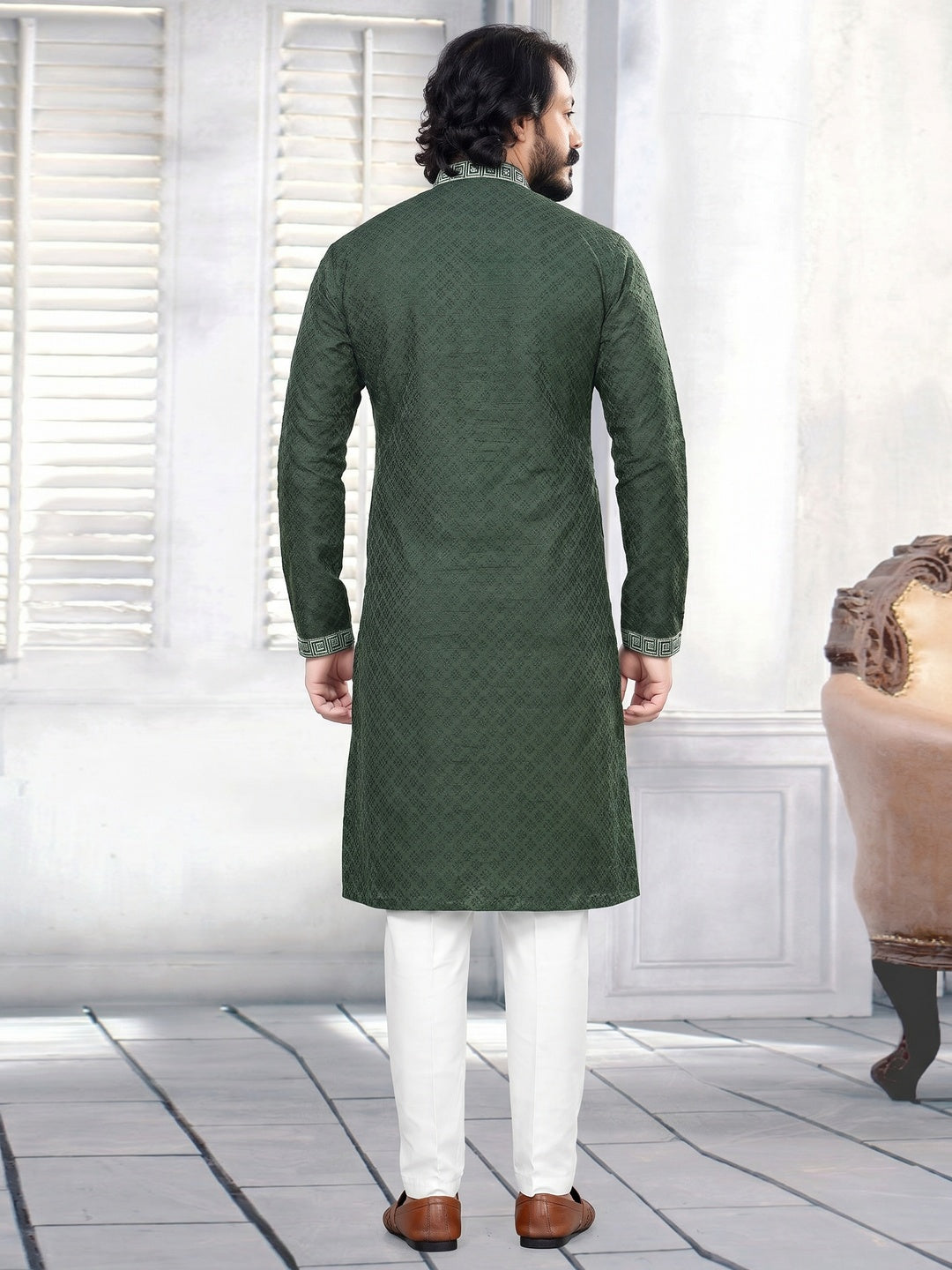 Green Embroidered Art Silk Mens's Kurta Pyjama Set - Image 1