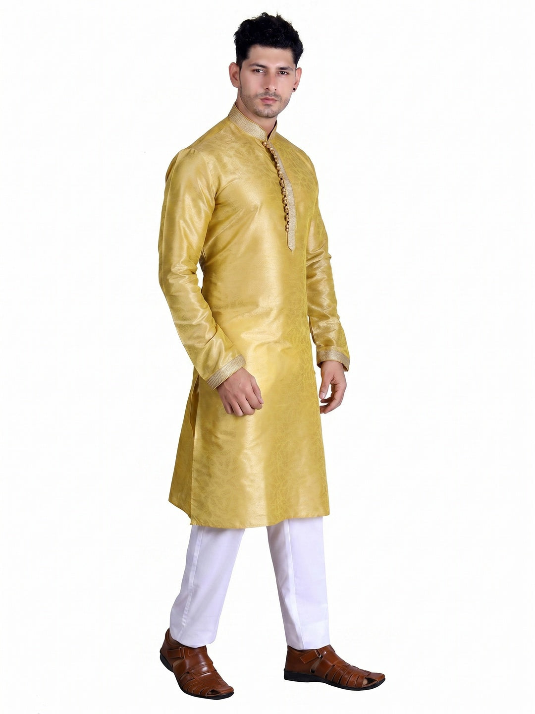 Yellow Woven Art Silk Men's Kurta Pyjama Set - Image 1