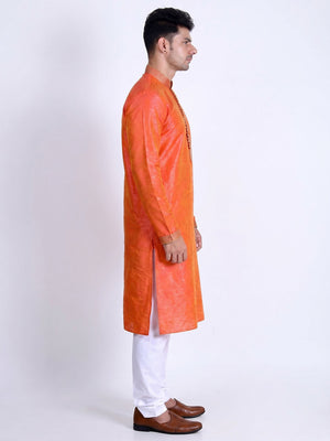 Orange Woven Art Silk Men's Kurta Pyjama Set - Image 1