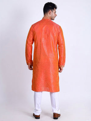 Orange Woven Art Silk Men's Kurta Pyjama Set - Image 2