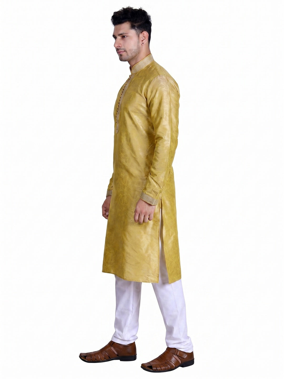 Yellow Woven Art Silk Men's Kurta Pyjama Set - Image 2