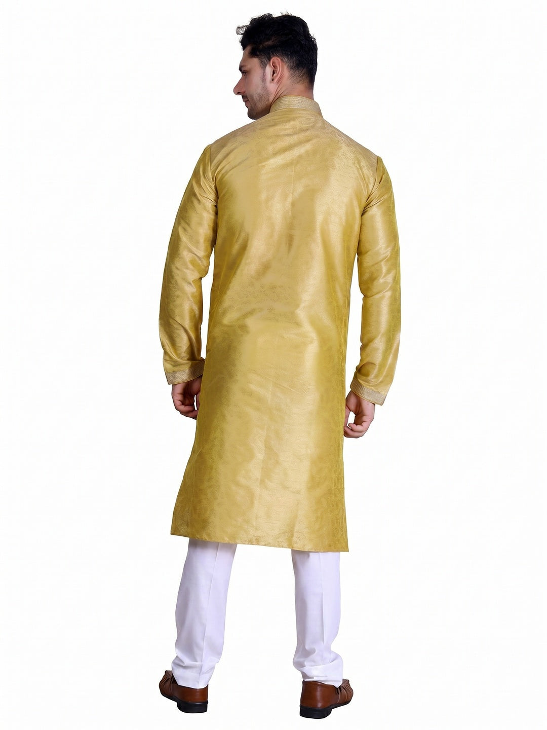 Yellow Woven Art Silk Men's Kurta Pyjama Set - Image 3