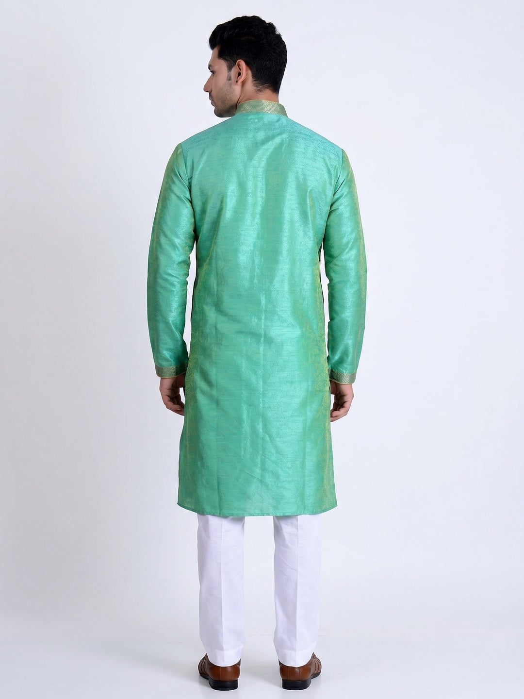 Turquoise Printed Art Silk Men's Kurta Pyjama Set - Image 2