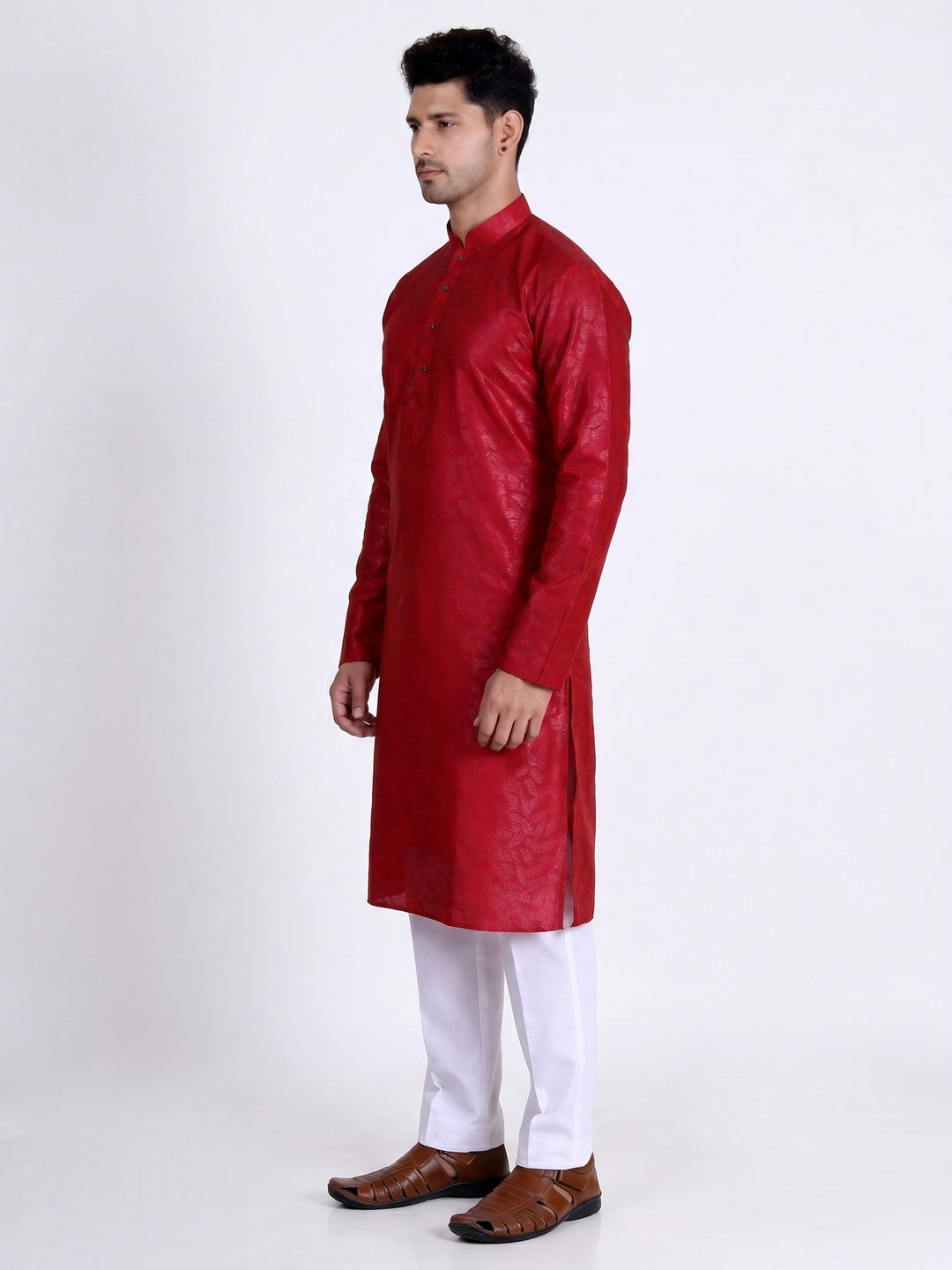 Red Woven Art Silk Men's Kurta Pyjama Set - Image 1