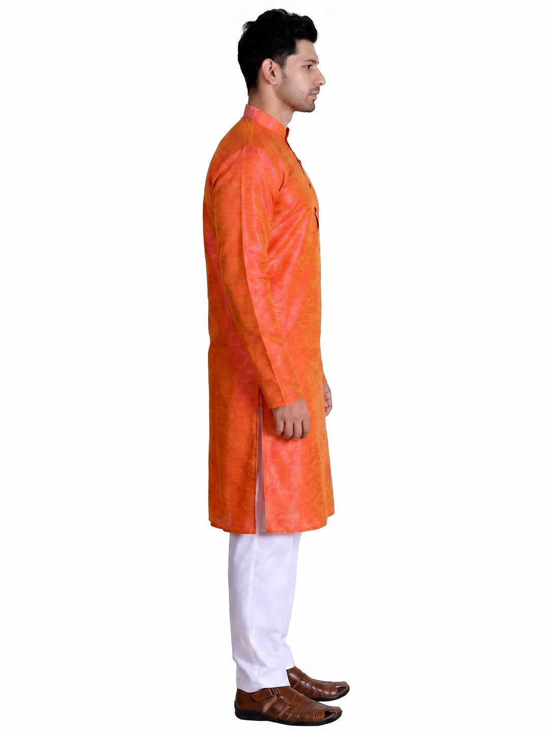 Orange Woven Art Silk Men's Kurta Pyjama Set - Image 2