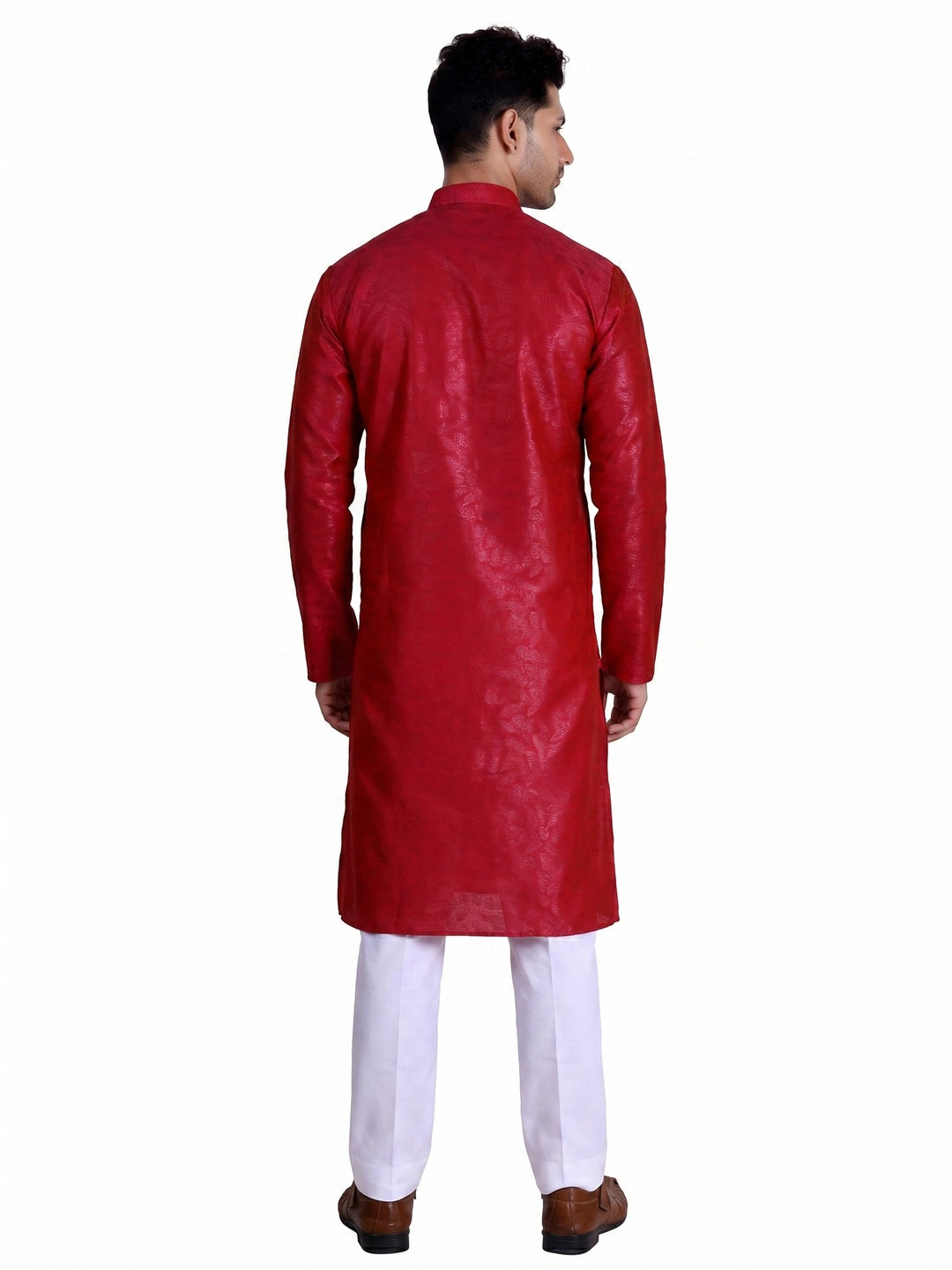 Red Woven Art Silk Men's Kurta Pyjama Set - Image 2