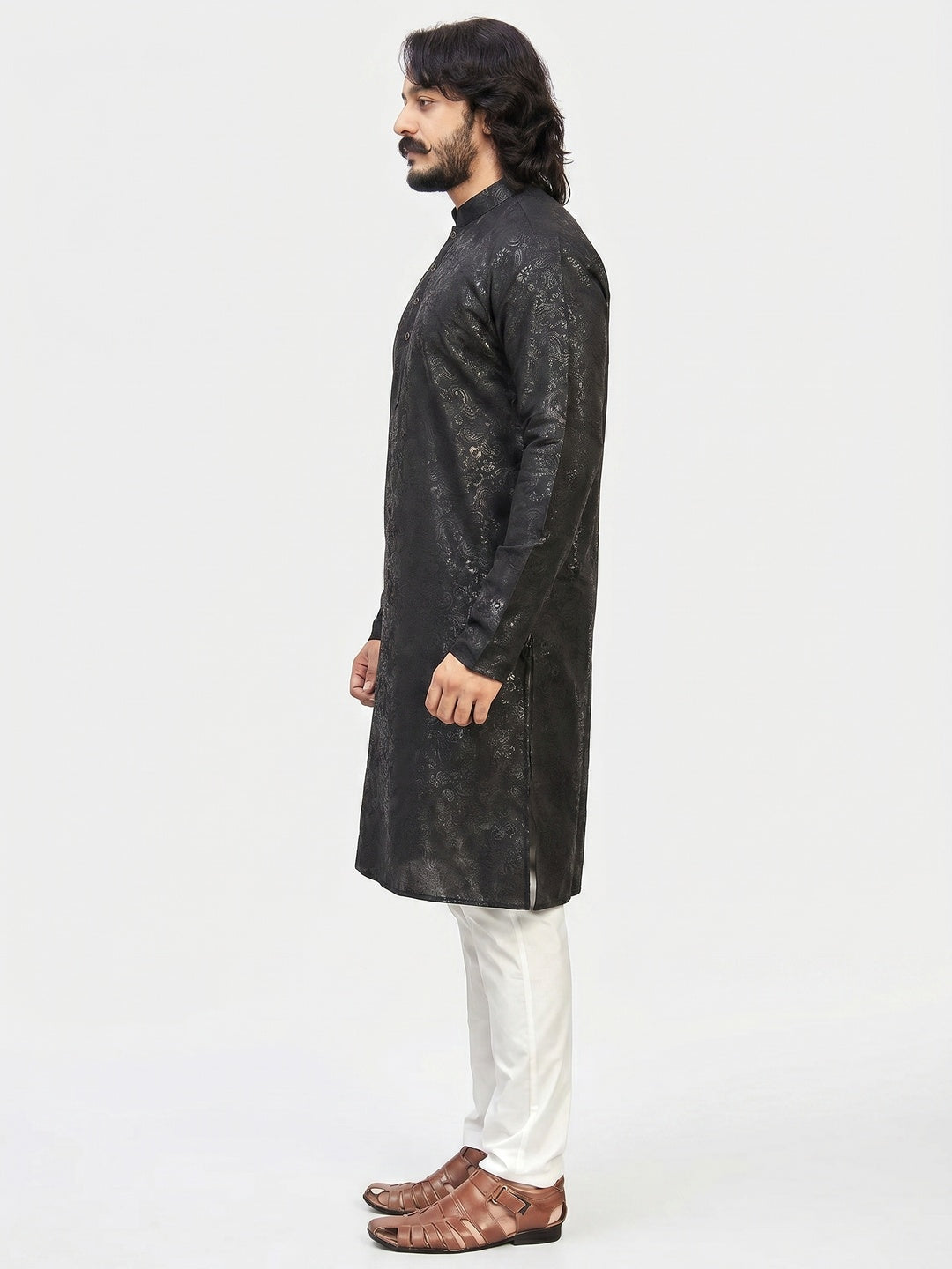 Black Printed Art Silk Men's Kurta Pyjama Set - Image 1