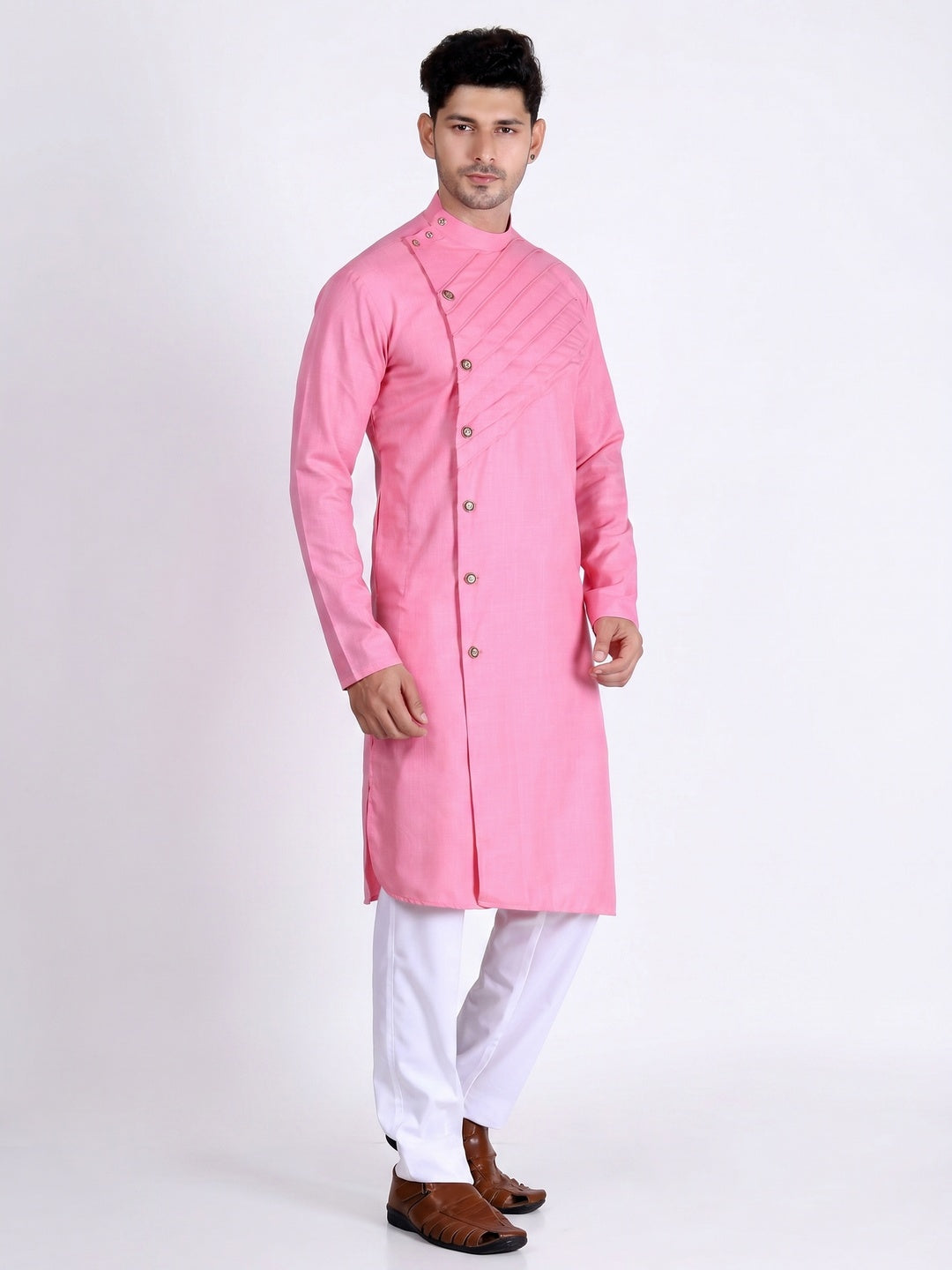 Pink Solid Cotton Blend Men's Kurta Pyjama Set - Image 1