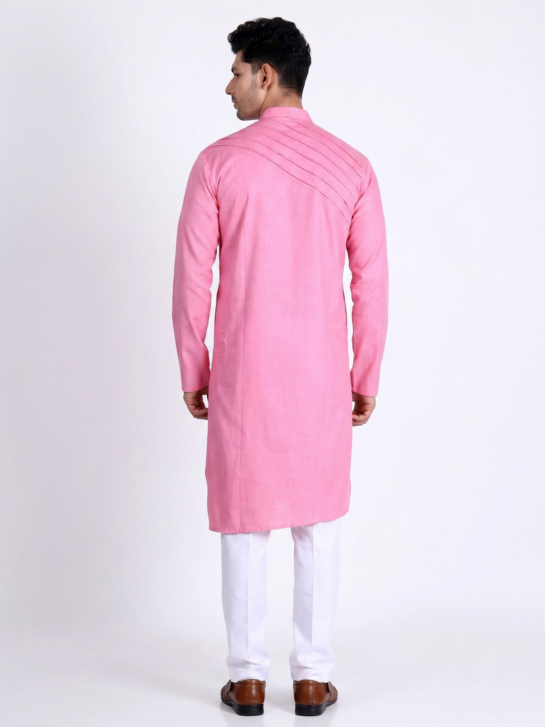 Pink Solid Cotton Blend Men's Kurta Pyjama Set - Image 2