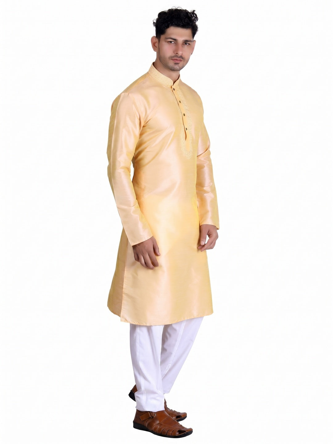 Light Yellow Woven With Embroidered Art Silk Men's Kurta Pyjama Set - Image 1