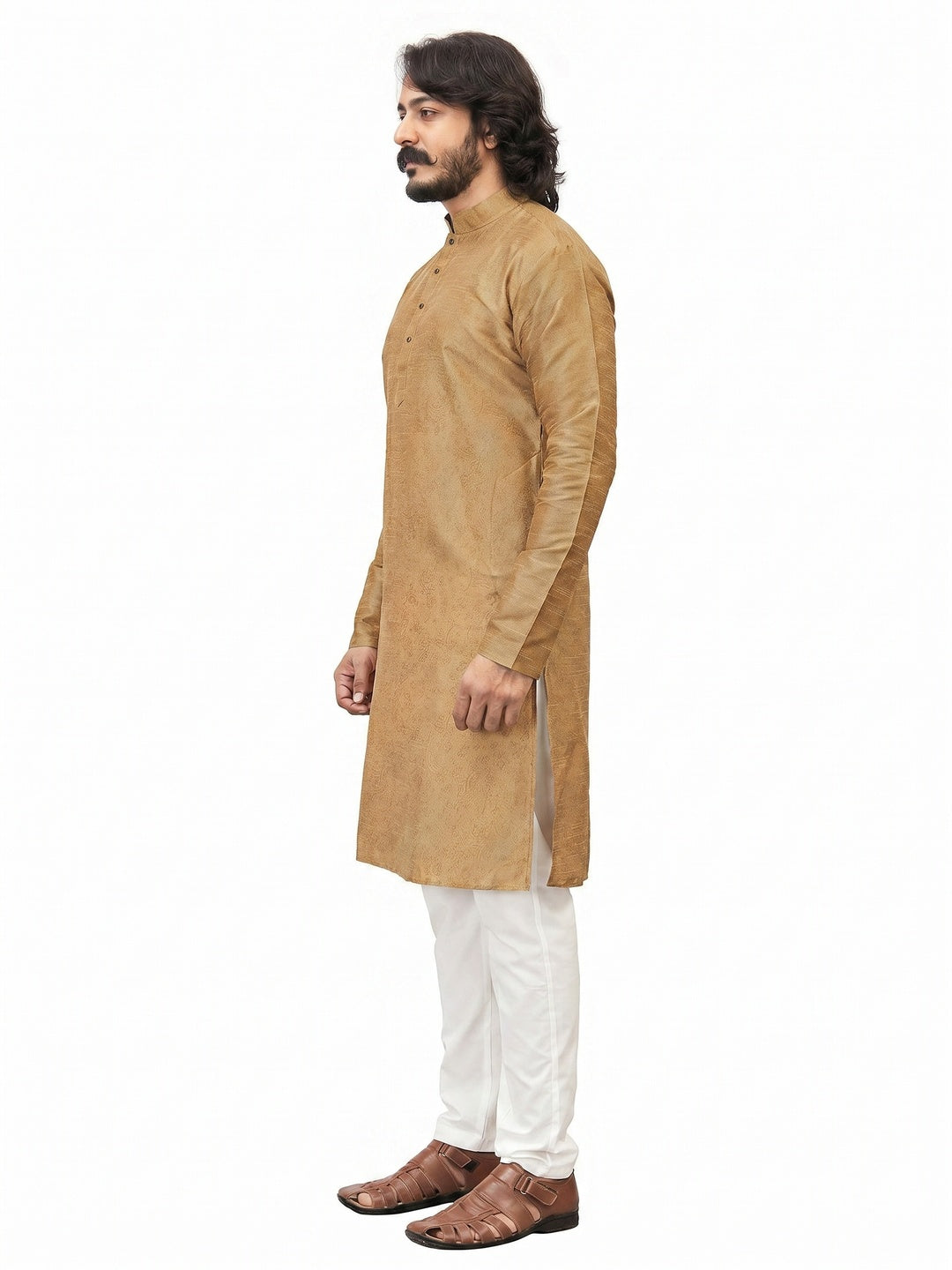 Beige Printed Art Silk Men's Kurta Pyjama Set - Image 1