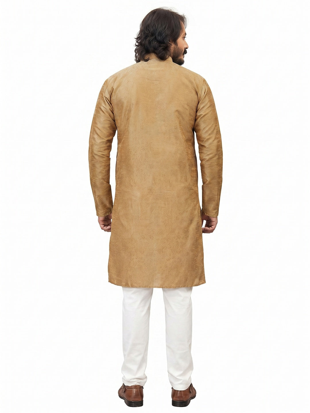 Beige Printed Art Silk Men's Kurta Pyjama Set - Image 2