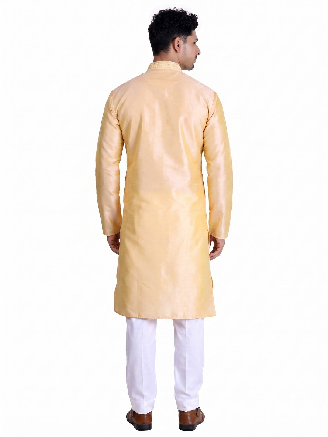 Light Yellow Woven With Embroidered Art Silk Men's Kurta Pyjama Set - Image 2