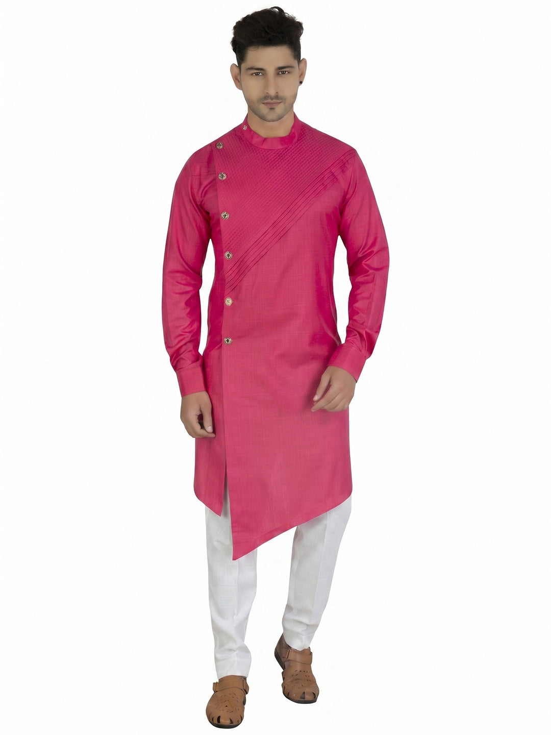 Pink Embroidered Cotton Blend Men's Kurta Pyjama Set - Image 1