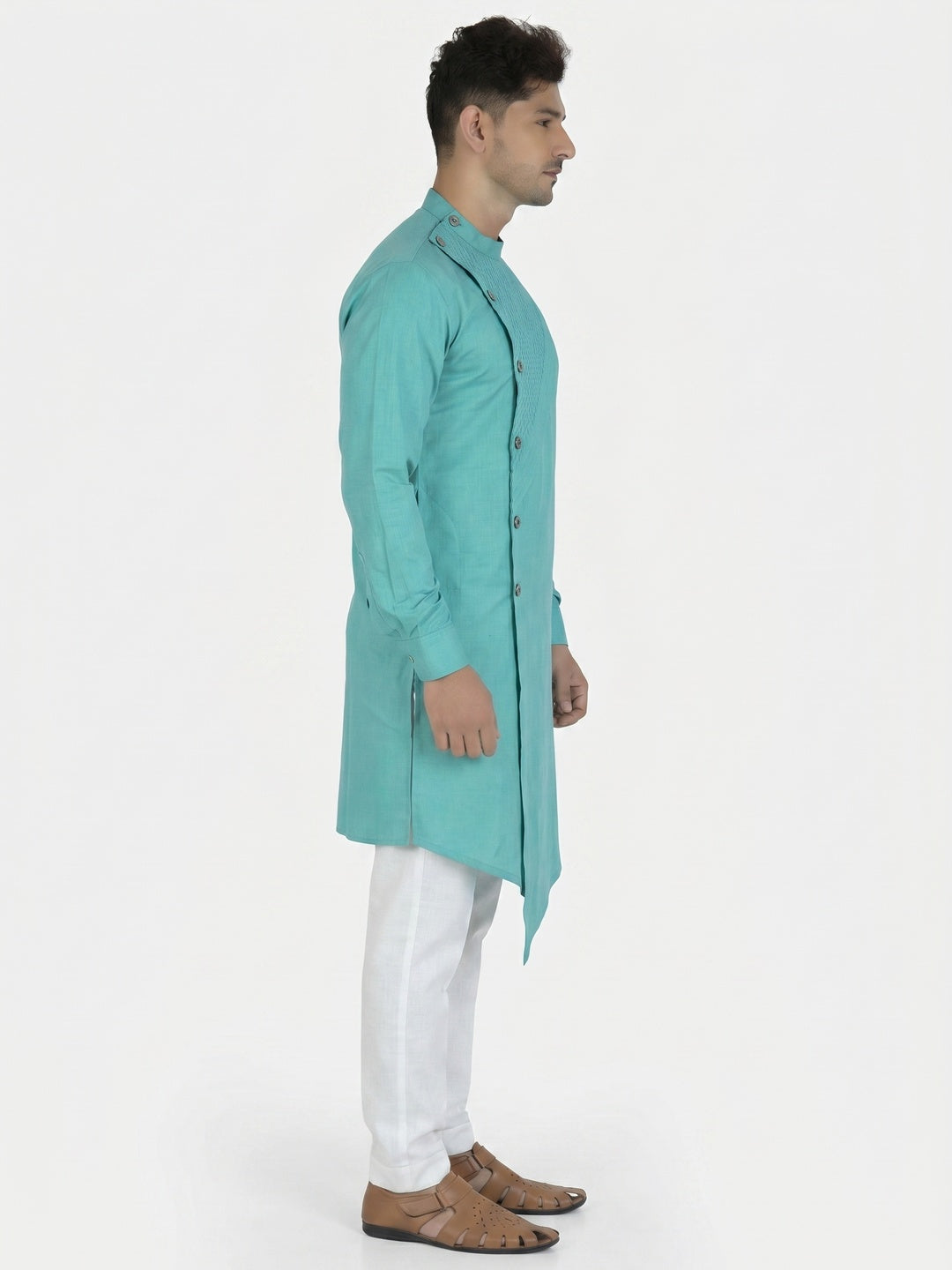 Blue Solid Pure Cotton Men's Kurta Pyjama Set - Image 2