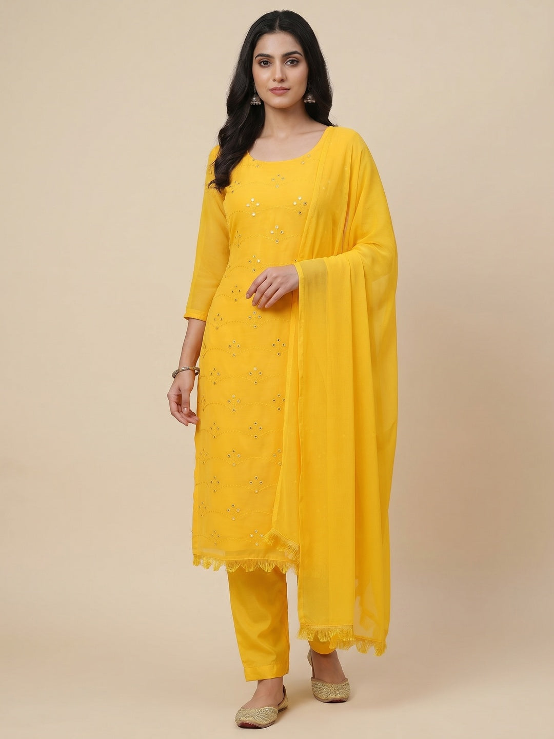 Yellow Embellished With Embroidered Georgette Dress Material - Image 1