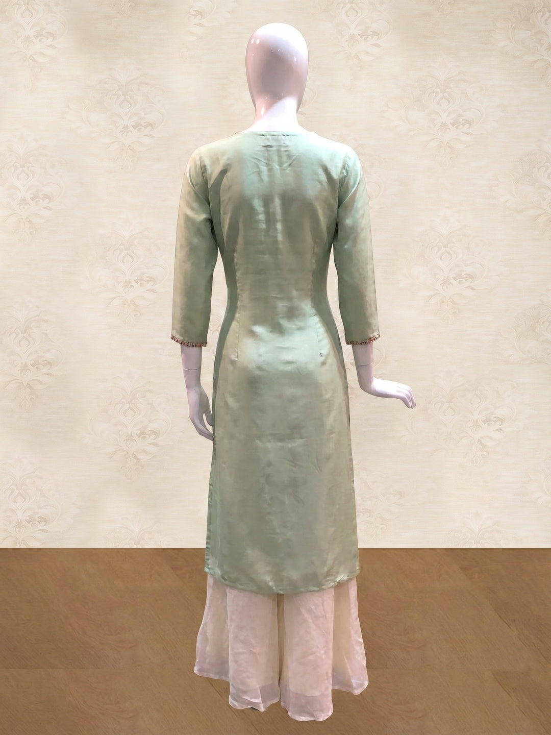 Pastel Green Floral Embroidered Satin Kurti Palazzo Set - Image 1