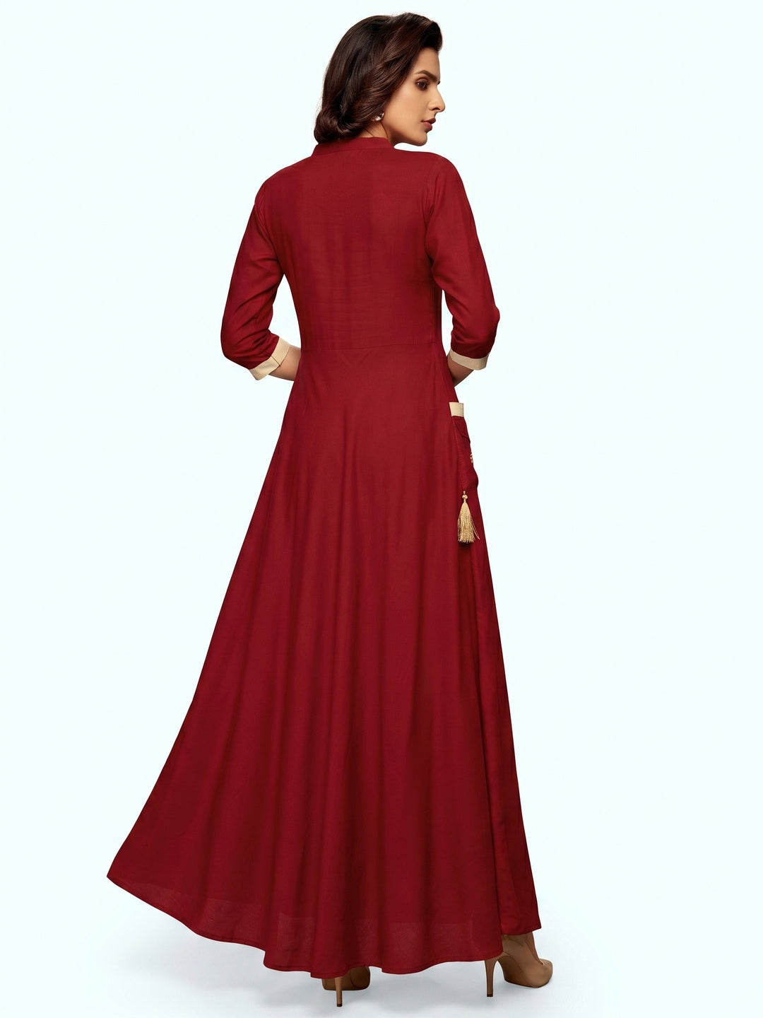 Red Floral Embroidered Rayon Long Kurti - Image 1