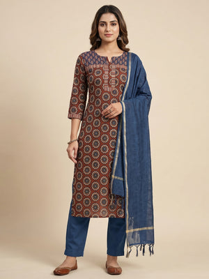 Brown Printed Pure Cotton Kurti Pant Set With Dupatta - Image 1