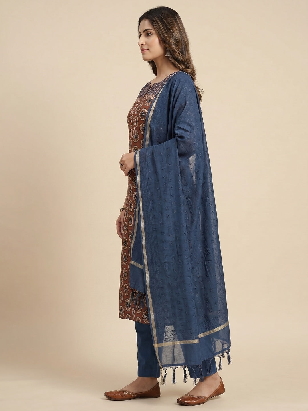 Brown Printed Pure Cotton Kurti Pant Set With Dupatta - Image 2